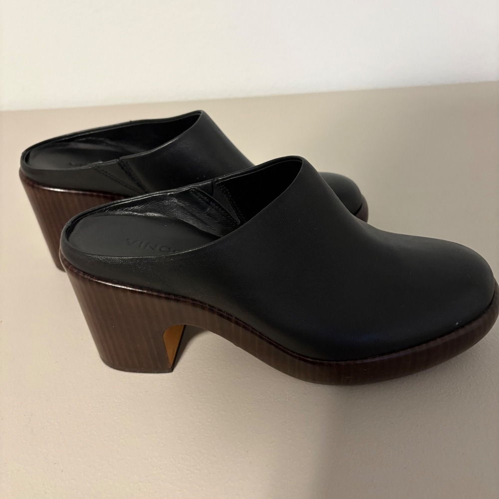 Vince Black Leather Chunky Heel Platform Clogs Mules Women's Size 7.5 - Picture 9 of 14